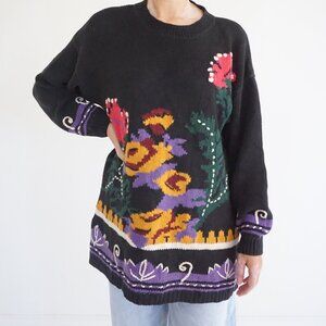 Vintage OSC Black Floral Intarsia Botanical Folk Garden Grandpa Sweater Knit M
